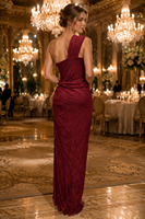 Burgunderrotes Einschultriges Asymmetrisches Blumen-Spitzenkleid mit Drapierter Wickeloptik, Gerafftem Oberteil und Hohem Schlitz für Abendveranstaltungen
