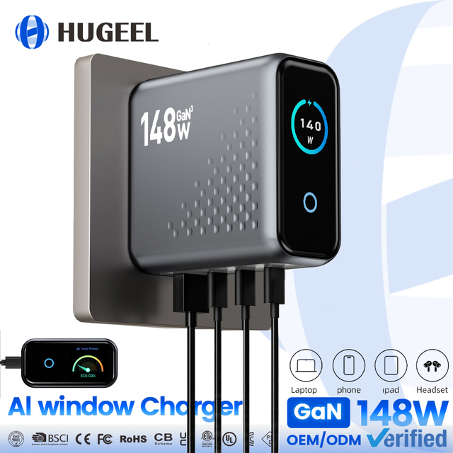 140W GaN Charger Factory Wholesale Type C Laptop Charger with AI Smart Display PD3.1 Fast Charging for Phone USB Desktop Station