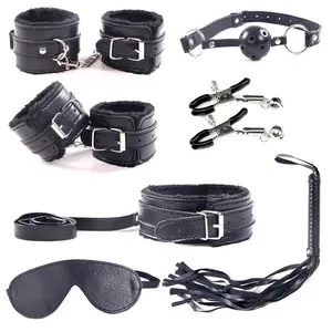7Pcs Leather Fetish Adult Love Game Toy Kit for Couples Women Bondage Restraint Set Handcuff Whip Collar Nipple Clamps Games