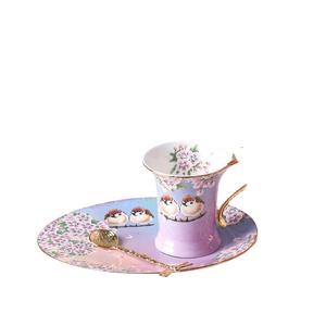 Tasse et soucoupe en émail de haute qualité, style simplicité moderne, motif floral et oiseaux rose, avec cuillère incluse - Product Image 5