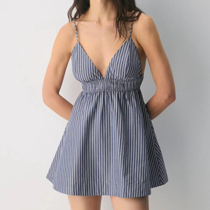 casual skirt Blue & White Vertical Striped <b>Spaghetti</b> <b>Strap</b> V-Neck Ruched Waist Flared Babydoll Mini Summer Dress Beach Wear - Product Image 3