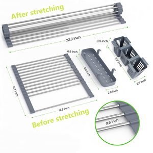 Estante de secado de platos enrollable extensible de hasta 22,8 ''con 2 cestas de almacenamiento, escurridor de platos enrollable sobre el fregadero de la cocina - Product Image 6