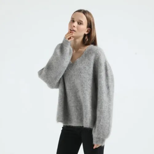 2021 Winter Warm Fashion Long Big Sleeve Ripped Jumper Pullover Knitted Crop Top Solid V Neck Loose Sweater for Women