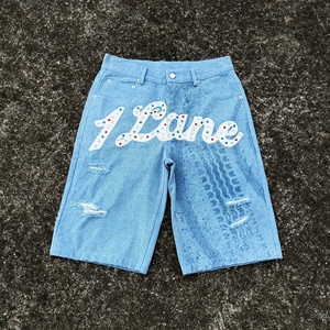 Custom Embroidery <b>Patch</b> Crystal logo Design Denim Jorts <b>Shorts</b> for <b>Men</b> Summer Wear High Quality Blue Denim Jeans <b>Shorts</b> <b>Men</b> - Product Image 1