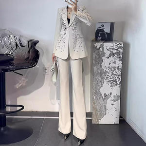 Traje de Mujer Elegante con Diseño de Pedrería, para Otoño e Invierno, Estilo Casual, Resistente a las Arrugas, Manga Larga, Chaqueta, Cintura Alta, Estilo Delgado - Product Image 2