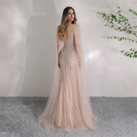 Robe de soirée sirène en plumes couleur champagne, col en V profond, manches cape ornées de perles et de sequins, longueur ras du sol, robe de fête, vente en gros sur mesure