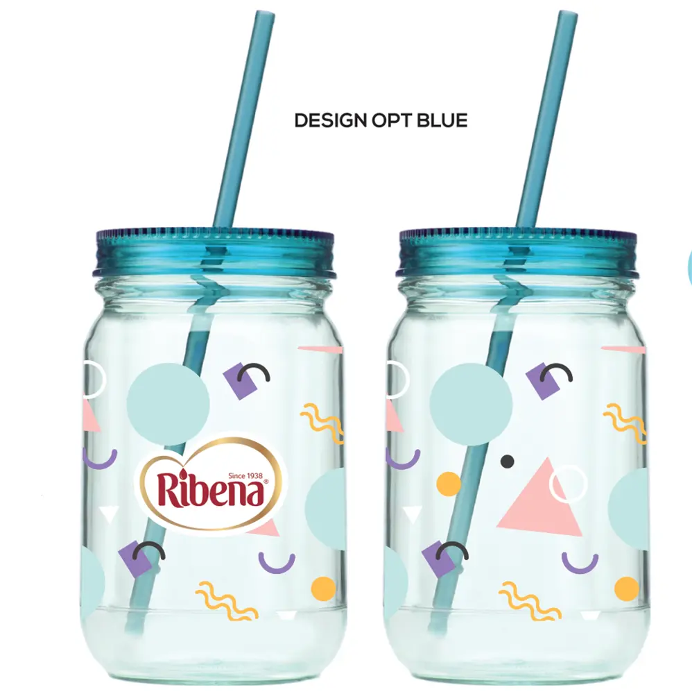 Ribena Blue Drinking Jar Plastic Mason Jar with Twist Lid and Straw, 500ml