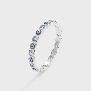 Pure 925 Sterling Silver White Zircon Blue Turkish Evil Eyes Shaped Finger Rings for Women Jewelry