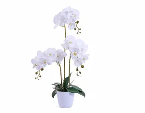 3 Branch White Phalaenopsis Pot Flasks Plant fake Silk Leaves Flowers Orchid For Sale