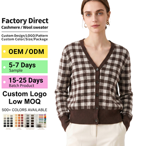 Cárdigan de Cachemira 100% Pura para <span class=keywords><strong>Mujer</strong></span>, Cuello en V, Diseño a Cuadros, 16.2μm, Tejido Stoll, Rastreable, Clásico, Casual de Negocios, Novedad 2026 - Product Image 1