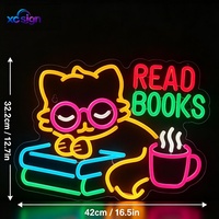 Petit chat jaune avec lunettes roses, enseigne néon LED « LIRE DES LIVRES », alimentée par USB, base acrylique 3D, décoration murale pour librairies/cafés/bibliothèques