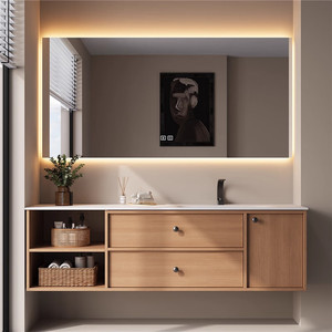 Mueble de baño inteligente de color madera natural con lavabo integrado de losa de roca curvada en caliente, personalizado. - Product Image 3