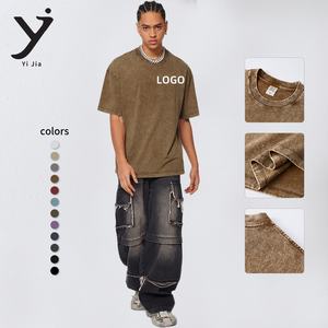 T-shirts pour hommes High Street Style Heavyweight Washed Batik Small Neckline 100% Cotton Loose Short Sleeve Tshirt - Product Image 2