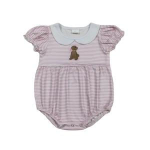 SR3476 RTS Combinaison à manches à volants et fermeture éclair pour bébés filles, avec broderie de chiot à rayures violettes, ensemble de pyjama mignon - Product Image 1