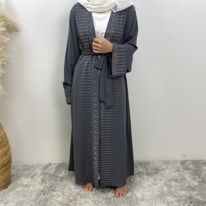 1421# Premium Nida Fashion Modest Single Abaya Silver Solid Color Diamond Sequin Open Abayas Muslim Long Robe <b>Cardigan</b> Women - Product Image 3