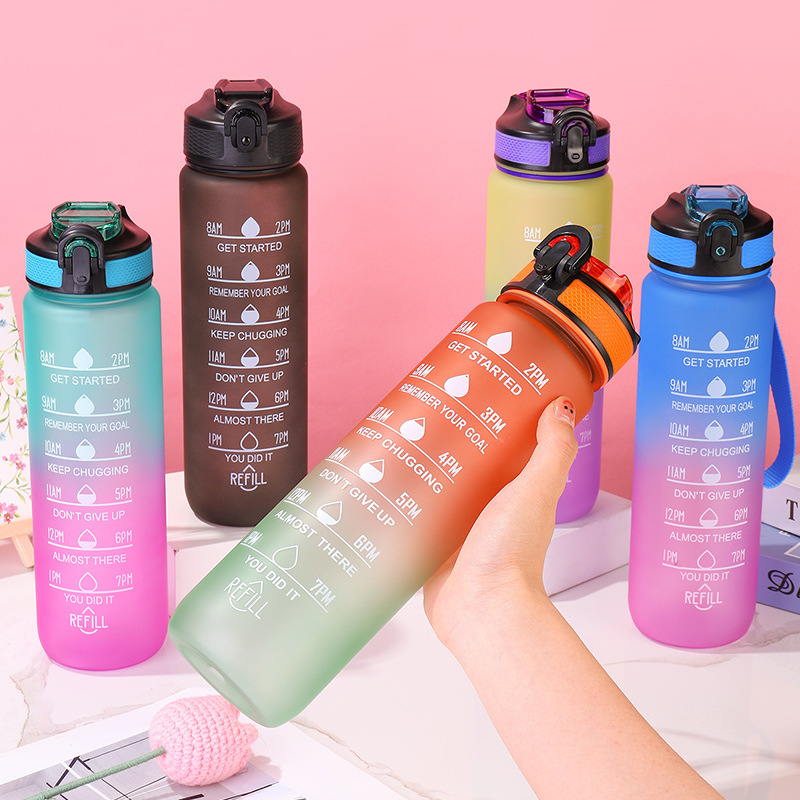 1L 32 oz Straw Gym Fitness Water Bottle with Time Mark BPA Free 1000ml Motivational Wholesale Plastic Water Bottles