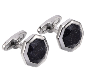 Boutons de manchette hexagonaux personnalisés en pierre d'or bleue, motif étoile galaxie argentée, en pierres semi-précieuses, pour hommes, formels, marque privée, OEM, ODM - Product Image 2