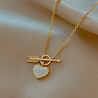 Collier tendance 2026 en alliage de zinc avec pierre naturelle, motif cœur à une flèche, chaîne en bambou géométrique minimaliste pour femme, avec zircon cubique