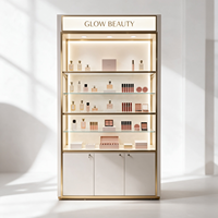Présentoir à maquillage avec cadre blanc et or, étagères en verre, signalisation LED, base verrouillable, kiosque d'exposition de cosmétiques, CE ETL pour salon de beauté