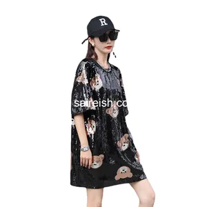 Saireish 신상품 맞춤 여성용 스팽글 다채로운 티셔츠 인 걸 스트라이프 의류 기하학 패턴 저지 티셔츠 드레스 탑