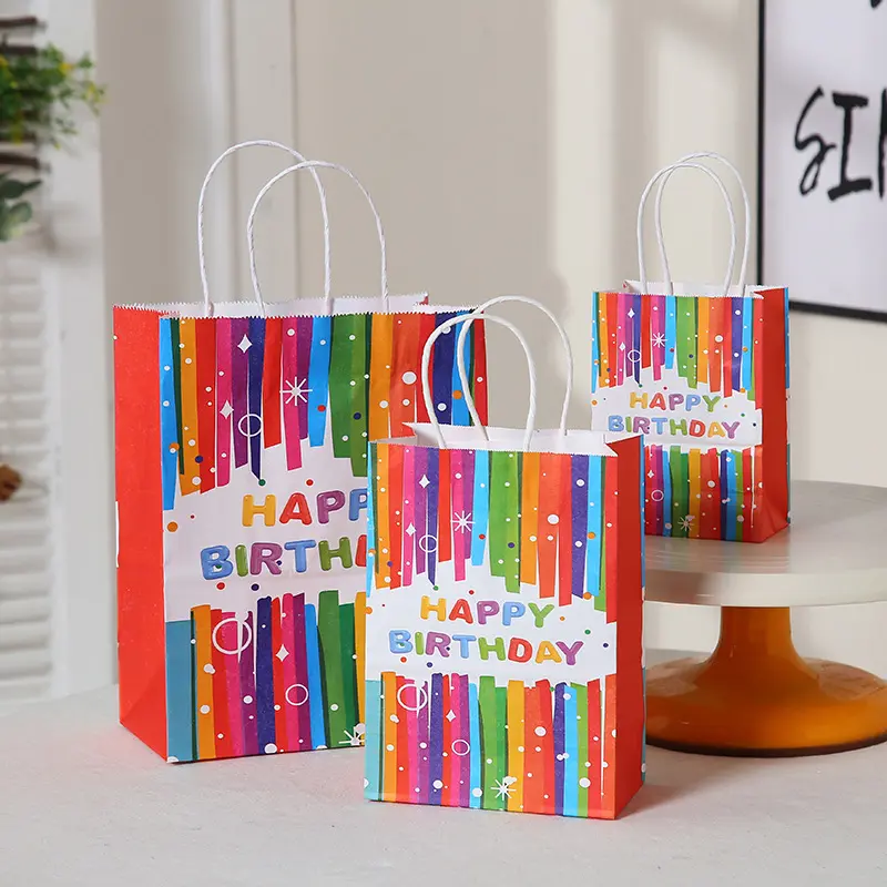 Bolsa grande de regalo de feliz cumpleaños, envoltorio de Papel Kraft para regalo de cumpleaños, bolsa de mano de color arcoíris de dibujos animados