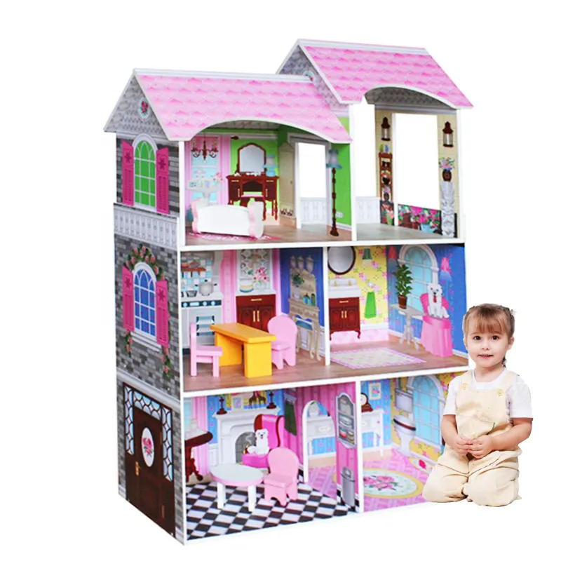 wholesale eco friendly Children Christmas Gift Girls DIY Toys Pretend Play girls Doll house with 8 pcs accessories