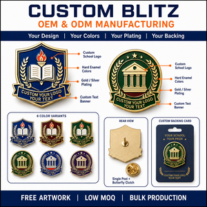 Badges de revers personnalisés en émail rigide avec logo scolaire, plaqués or, en alliage de zinc, pour la remise des diplômes, forme bouclier rond - Product Image 4