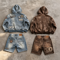 YUMUu Erkek Kot Fermuarlı Kapüşonlu Üst ve Yıpranmış Şort Takımı Patchwork Nakışlı Yıkanmış Sokak Giysisi Özel Logo OEM ODM Toptan Satış