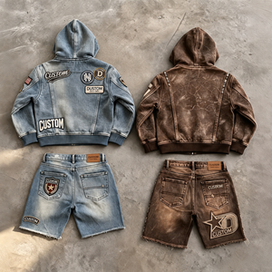 YUMUu <strong>Mens</strong> Denim Zip up <strong>Hoodie</strong> <strong>and</strong> Distressed <strong>Shorts</strong> <strong>Set</strong> Patchwork Embroidery Washed Streetwear Custom Logo OEM ODM Wholesale - Product Image 2