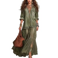 Robe longue décontractée pour femme en jean, avec haut chemise en maille transparente superposée et bord à volants en mousseline, manches longues, personnalisation en gros