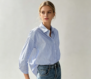 Camisa Casual de Manga Larga a Rayas Azules y Blancas para Mujer, Blusa Holgada con Cuello Camisero, Top para Primavera y Verano, para Oficina y Uso Diario - Product Image 2