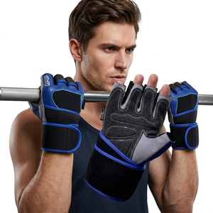 Weightlifting Non-Slip Half Finger Gloves with Wrist Wrap for Strap Gym Fitness Training Unisex Blue <b>Black</b> Cowhide - Product Image 1