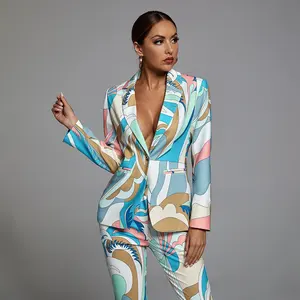 Nieuwe Mode Sexy Diepe V-Hals Dames Lange Mouw Casual Kantoorwerk Dragen Tweedelige Blazers Pak Set En Broek Set Vrouwen