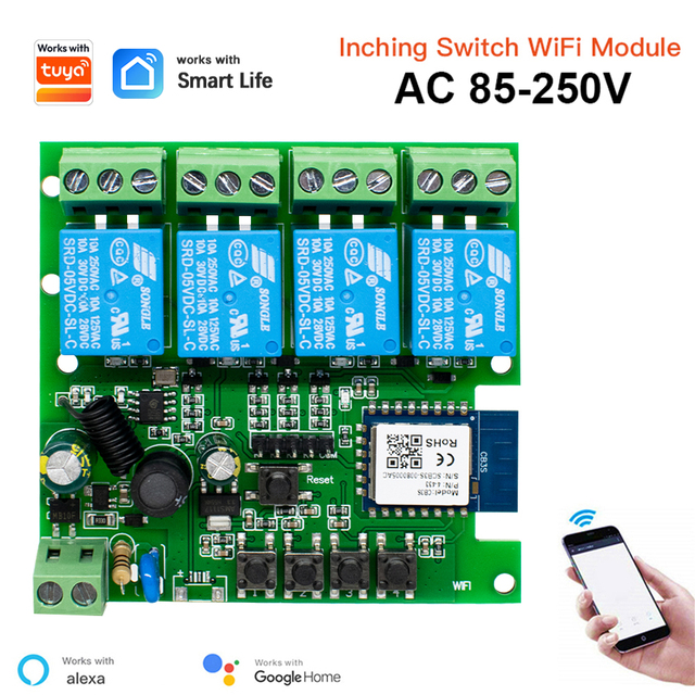 85-250V Universal 4CH WiFi Relay Switch - 10A Tuya Smartlife Module Compatible with Alexa No USB Receiver