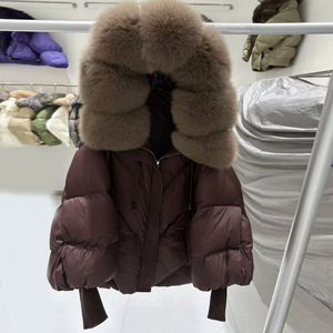 Veste d'hiver matelassée en duvet de canard blanc à col en fourrure de renard véritable surdimensionnée pour femmes, parka décontractée à manches en tricot - Product Image 3