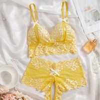 Ensemble soutien-gorge et culotte en dentelle pour femme avec nœud, transparent, push-up, lingerie, vêtements de nuit, tenue de club, tenue de soirée