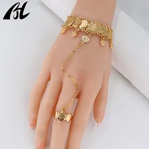 Hot Vintage Coin Dubai Jewelry Sets Wedding Party Gifts Brass Bangle 24k Gold Plated Fashion Bracelet with Ring