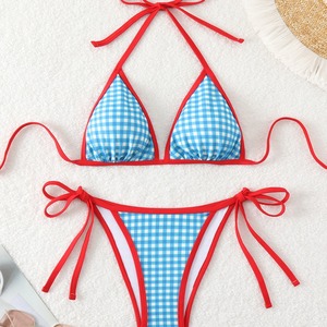 Bikini de plage sexy à motif pied-de-poule, col halter, design triangulaire, maillot de bain mignon pour filles à petite poitrine, parfait pour - Product Image 1