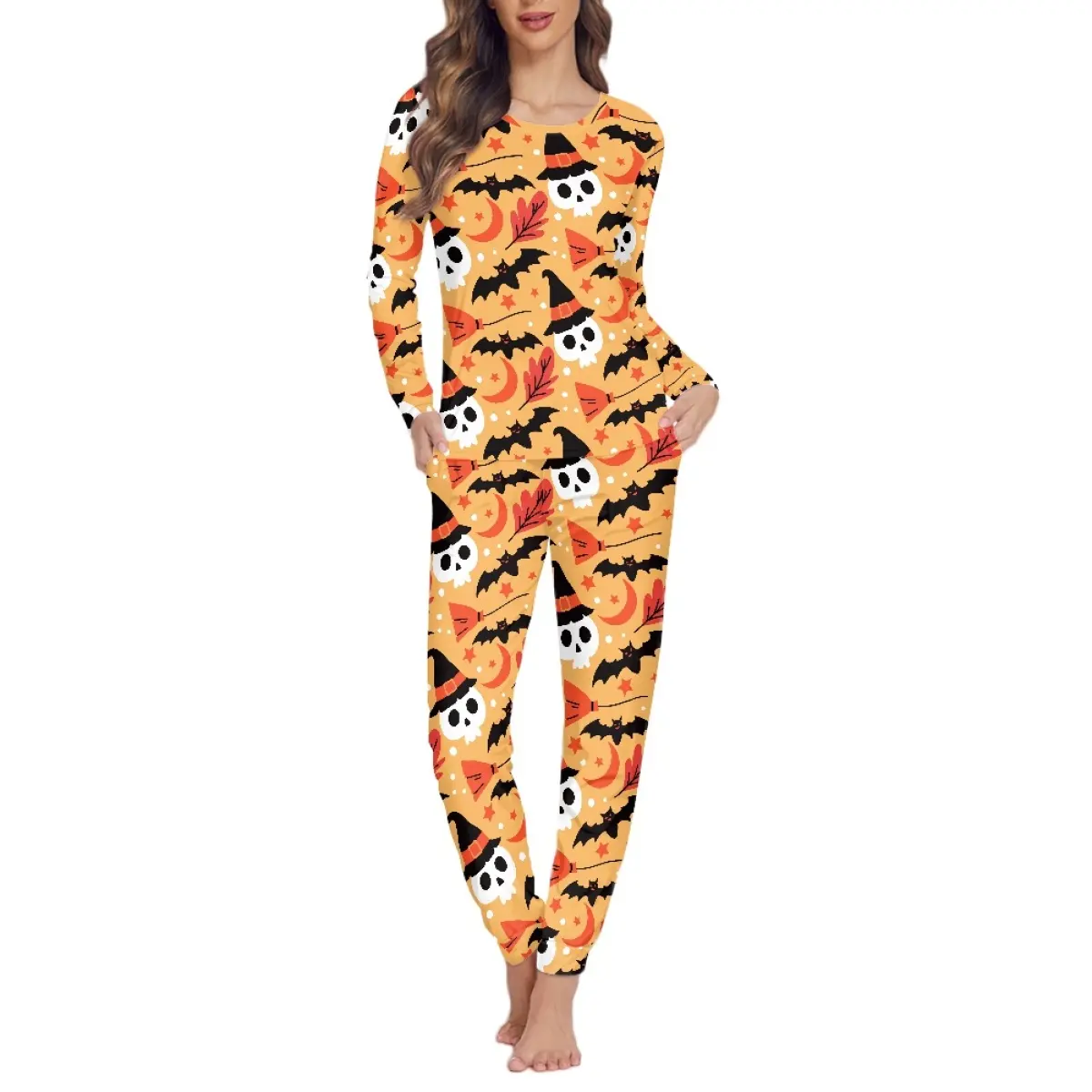 Drops hipping Kleidung Frauen Nachtwäsche Bequeme Damen Pyjamas Zweiteiler Set Lässige Halloween Fledermaus Skelett Nachtwäsche