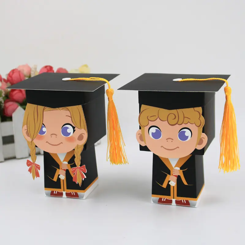 Decoración de fiesta de felicitación de graduación, sombrero de despedida de soltera con dibujos animados en 3D, caja de regalo dulce de papel caramelo