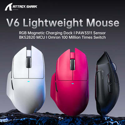 V6 Right-Handed Lightweight Optical Gaming Mouse Tri Mode Wireless Rechargeable PAW3395 Sensor RGB Magnetic Charging Dock Stock