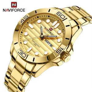 NAVIFRCE 9198 GG นาฬิกาสุดหรูสำหรับผู้ชาย, นาฬิกาไล่ล่าผลิตตามแบบสแตนเลสสีทองกันน้ำ