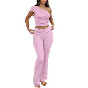 Conjunto de Dos Piezas de Ropa Deportiva y Casual para Mujer, Camiseta de Manga Corta de Algodón con Logotipo Personalizado y Pantalones Ajustados Acampanados - Product Image 4