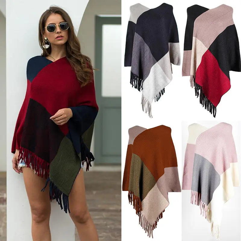 Wholesale Tassel Fringe Cape Shawl Diagonal Geometric Color Block V-neck Pullover Soft Knitted Women's Cloak Sweater