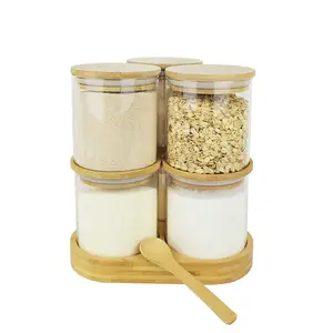 Stackable Condiments Box Spice Jar Container Set With Bamboo Lids And Triangle Tray Holder For Counter Top Cabinet Organization