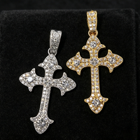 Pendentif Croix Vintage Princesse 43.4x23.8mm en Argent 925 Moissanite VVS Sertie de Pierres, Deux Couleurs Or et Argent, Thème Religieux
