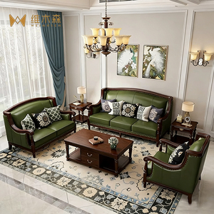 Divano Combinato in Stile Retrò Americano con Legno Massello e Vera Pelle, per Soggiorno, Villa e Arredamento Domestico - Product Image 2