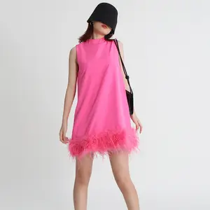 Benutzer definierte Sommerkleid ung Einfarbig A-Linie Rundhals ausschnitt Ärmellose Kleider Saum Elegante Straußen fell Frauen Loose Pink Feather Dress