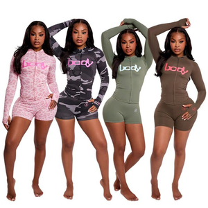 Ensemble sportif deux pièces pour femmes, veste courte à capuche zippée à imprimé léopard et <span class=keywords><strong>short</strong></span> décontracté - Product Image 1
