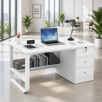 Bureau d'étude pour étudiant avec étagère et tiroirs, bureau d'ordinateur moderne blanc et chêne, grand bureau de travail